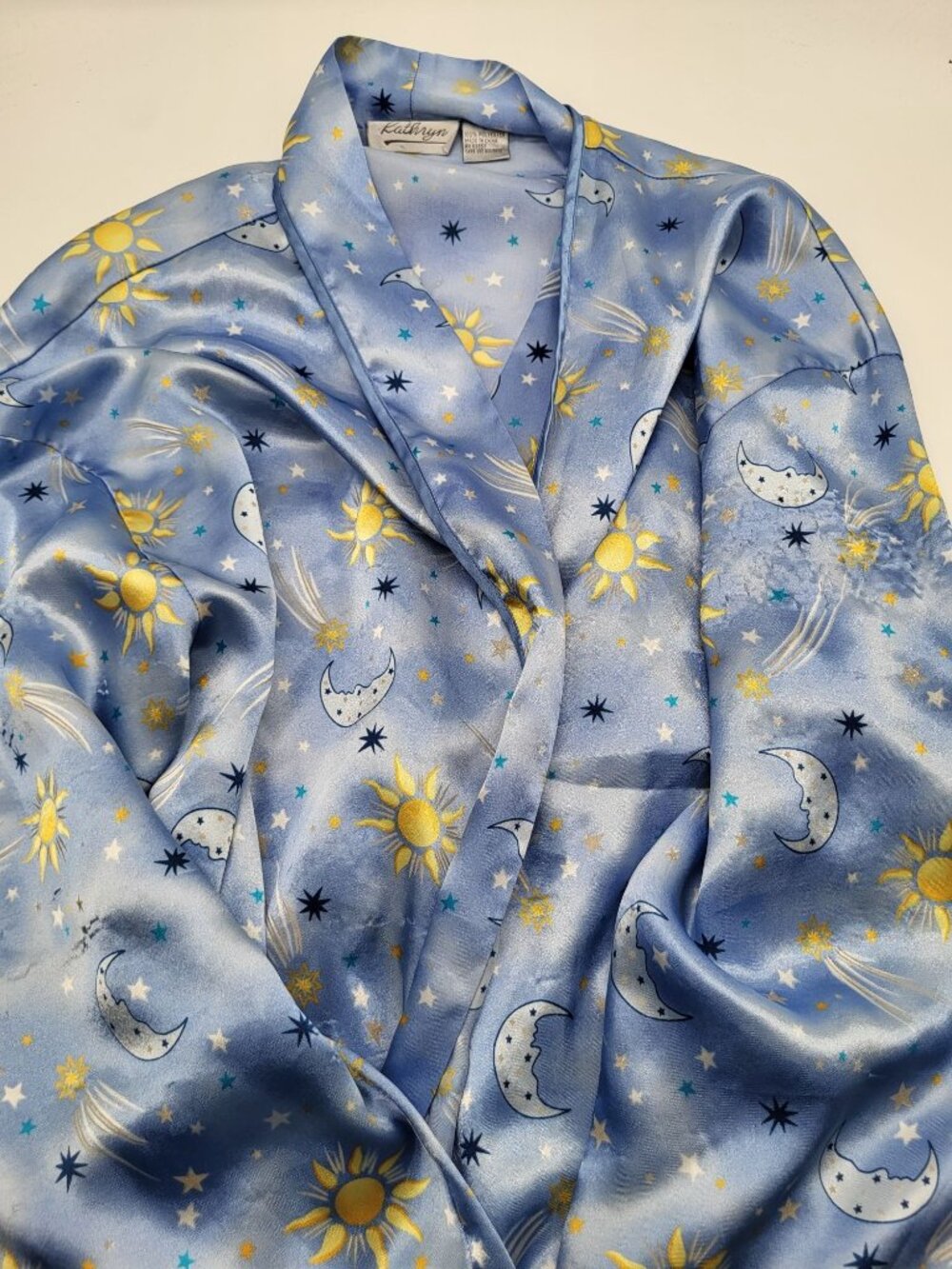 Vintage Kathryn Women LG Blue Satin Robe Sun Moon Stars Print 90s Celestial - Picture 8 of 10